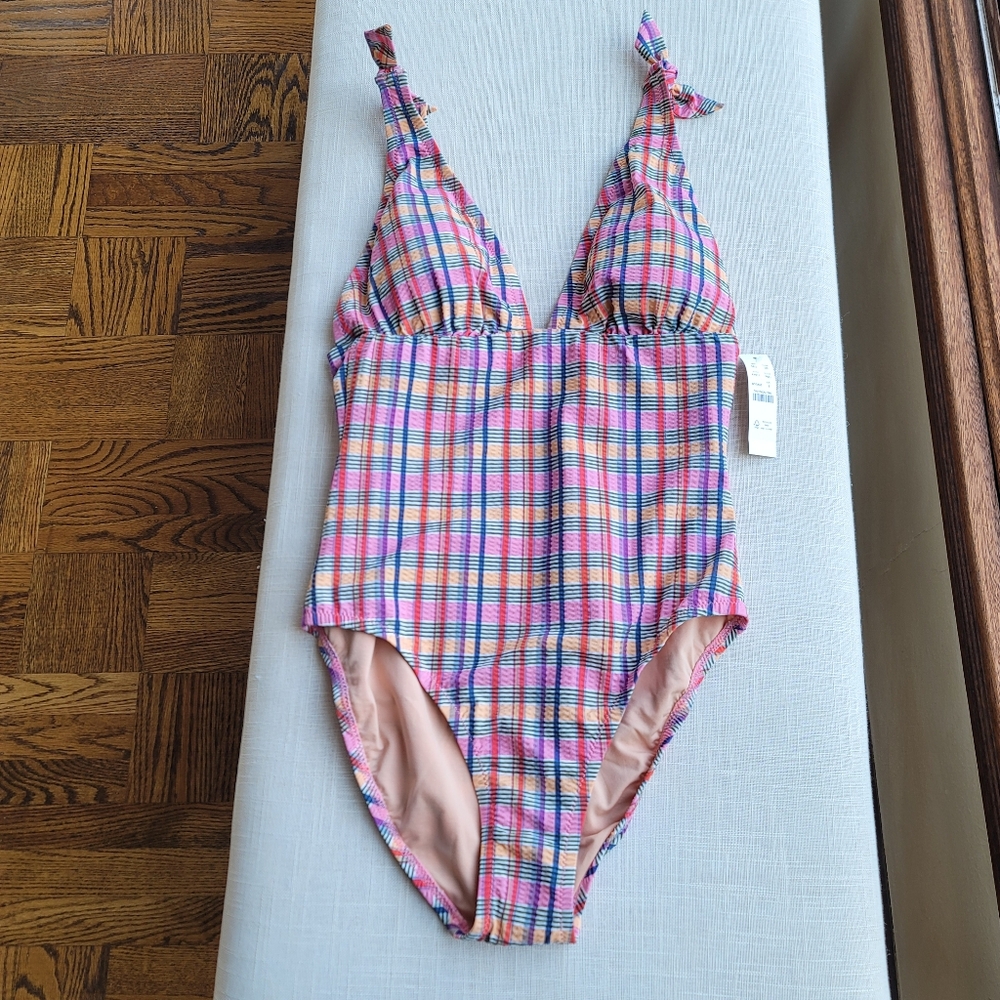 New! J. Crew sz 6 Tie-shoulder one-piece Pink Plaid Swimsuit Madras NWT - Picture 6 of 14
